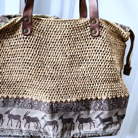 Vtg Brown Boho Beach Vacation Tote Purse. Zipper, Leather Straps. 15 x 11" - Picture 4 of 11